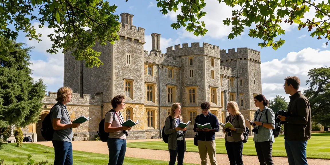 Exploring Tynte's Castle history at https://tyntescastle.com with diverse visitors engaged in discussions amidst lush greenery.