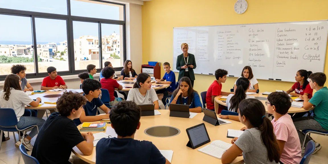 Cursos de inglés en Malta con estudiantes participando activamente en lecciones dinámicas, mostrando un ambiente de aula vibrante.