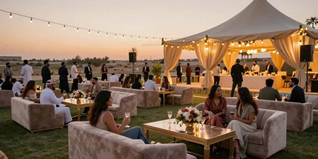 Stylish outdoor event furniture rental setup with lounge chairs and elegant tables for celebrations.