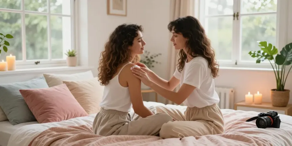 Lesbian porn scene showcasing a romantic moment between two women in a cozy bedroom.