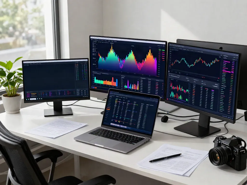Technical indicators API showcased in cryptocurrency trading workspace with dynamic price charts and digital wallet.