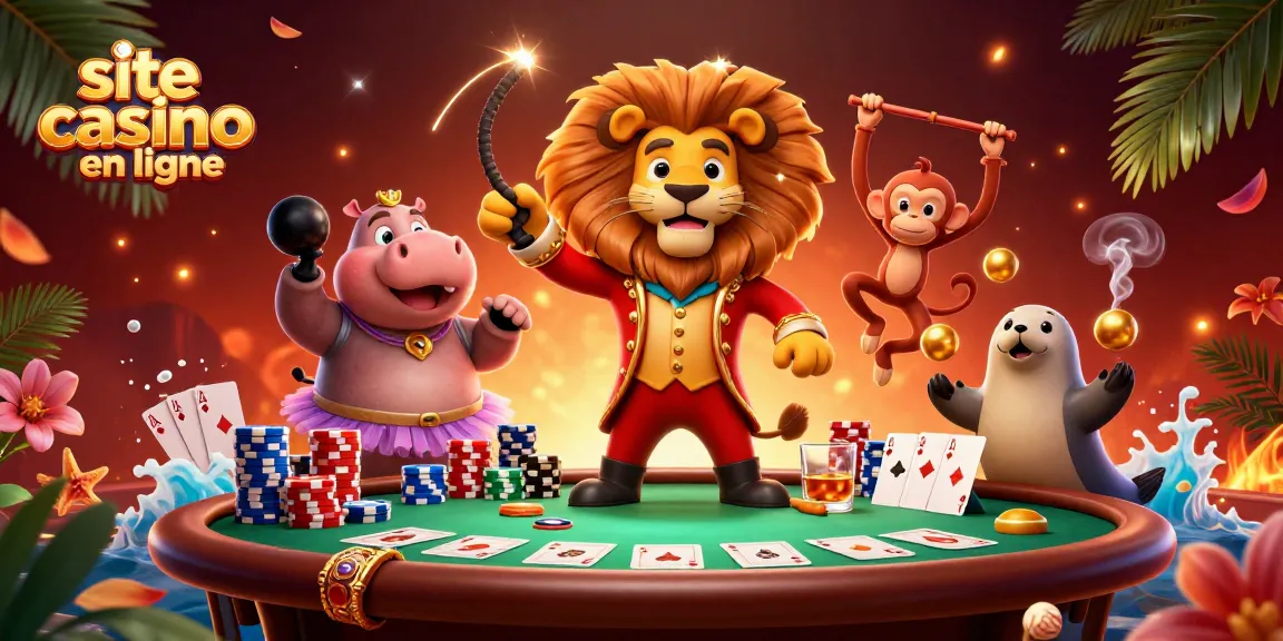 Rejoignez l'action sur ce site casino en ligne avec des personnages de cirque animés entourés d'éléments de poker.