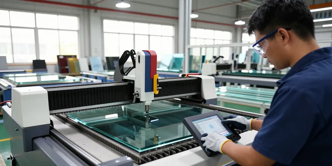 Technician using a glass cutting machine in an advanced industrial setting, emphasizing precision and safety