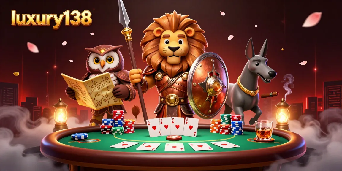 Engage in thrilling action at luxury138 with a giant Spartan lion and vibrant poker elements.