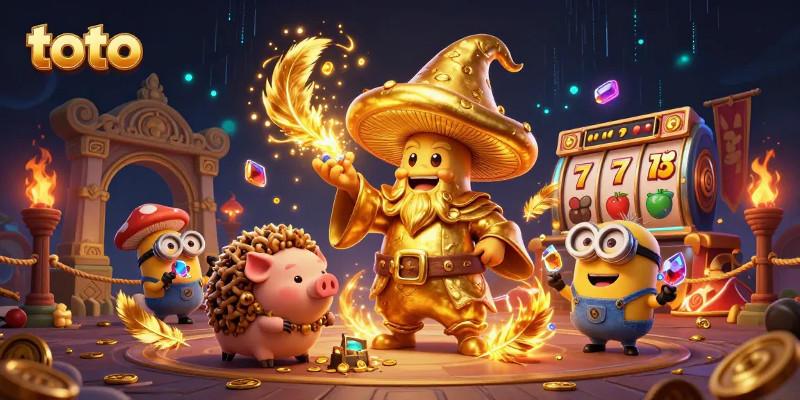 Gambar animasi 3D yang menampilkan toto dengan karakter penyihir jamur emas, babi truffle, dan minion jamur.