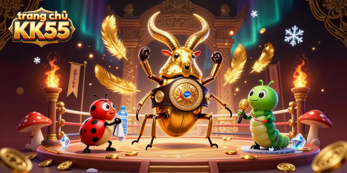 Engage in excitement at trang chủ KK55 with a vibrant 3D scene featuring a golden stag beetle champion.