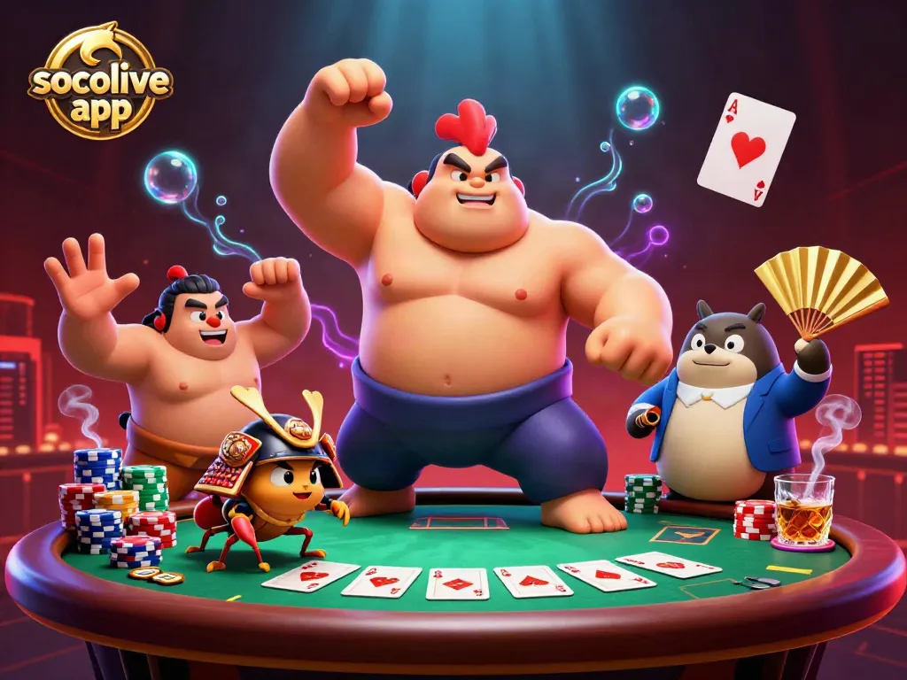 Engage with the thrilling socolive app as a sumo wrestler and samurai cricket battle at a vibrant poker table.