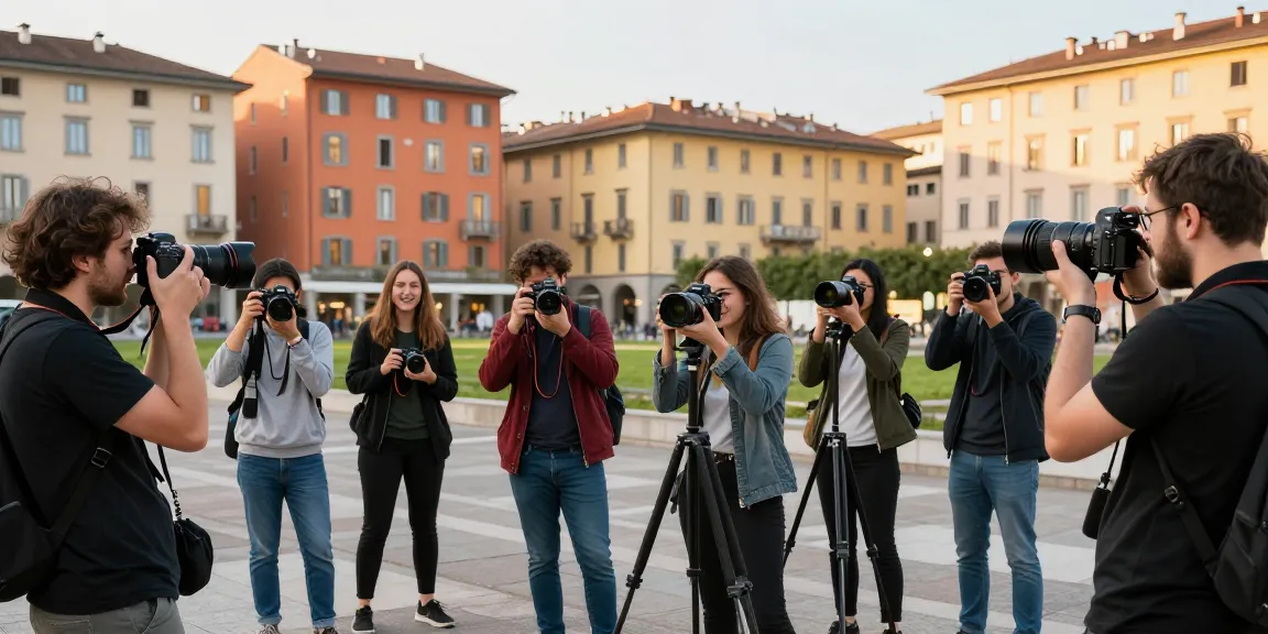 Corsi di Fotografia a Milano, studenti durante una lezione all'aperto mentre praticano fotografia con un esperto.