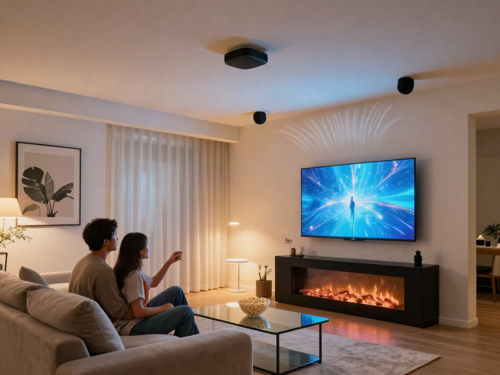 Cozy living room featuring اسپیکر سقفی providing an immersive audio experience during a movie night.