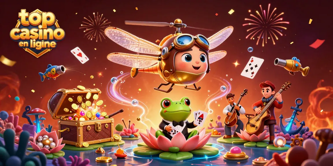 Explorez le meilleur casino en ligne avec un dragon volant et un croupier grenouille dans une scène animée.