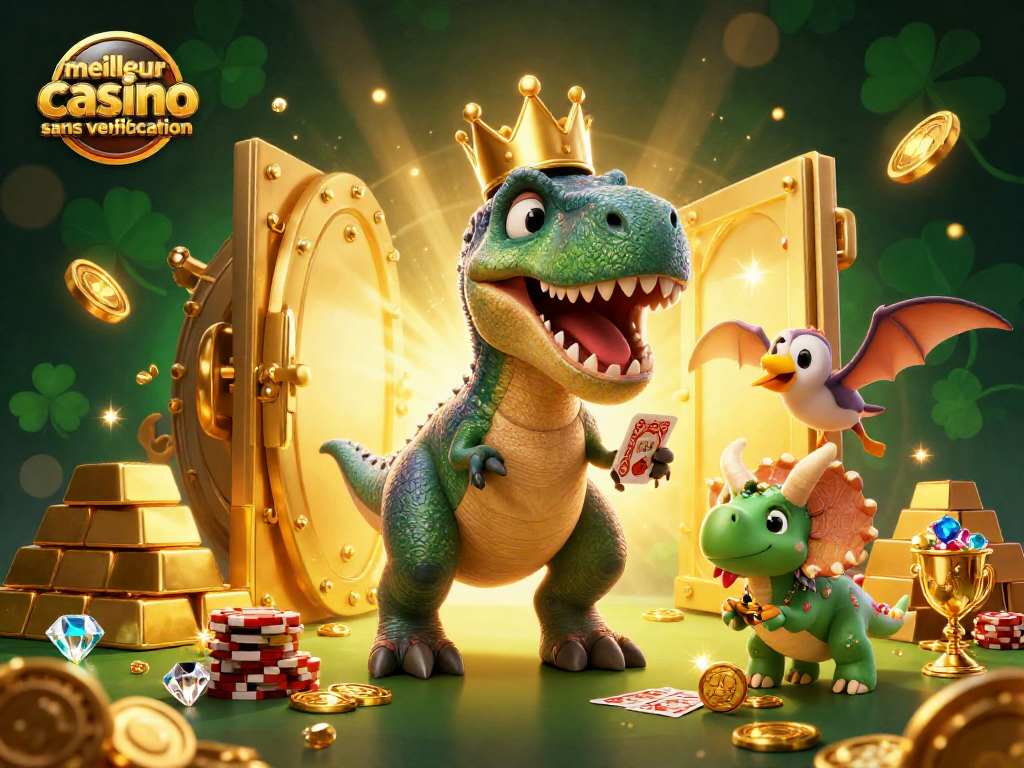 Jouez au meilleur casino sans vérification avec cette illustration ludique mettant en scène un T-Rex et un pterodactyle.