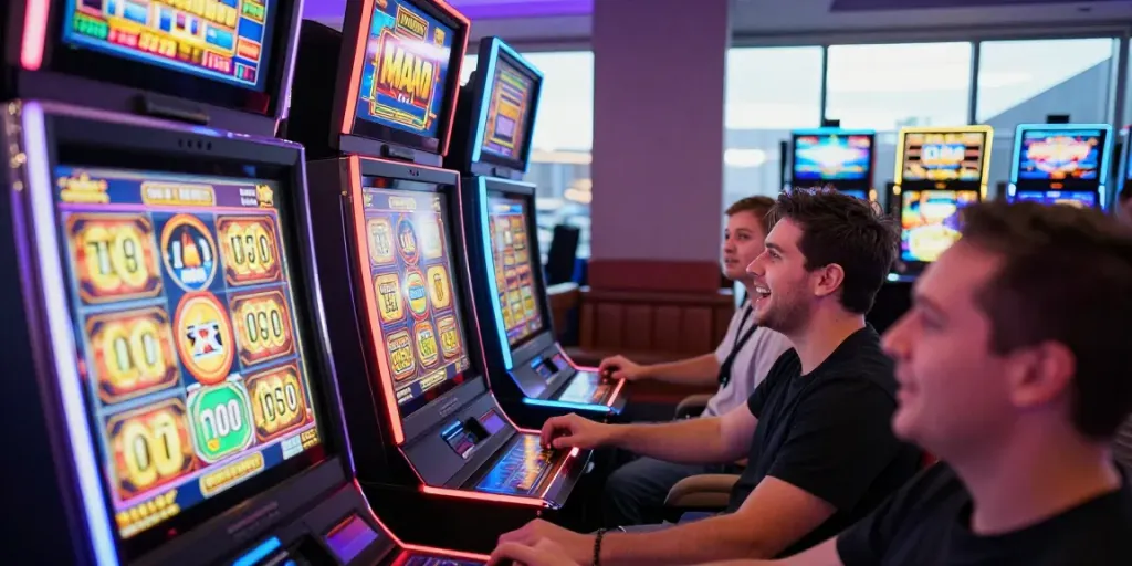 Permainan slot777 di kasino dengan pemain bersemangat dan mesin slot menyala.