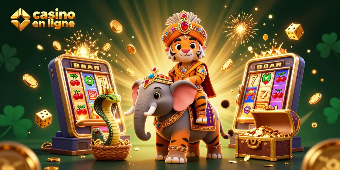 Illustration captivante représentant un maharaja tigre dans un casino en ligne, entouré de machines à sous et d'éléments de jeu.