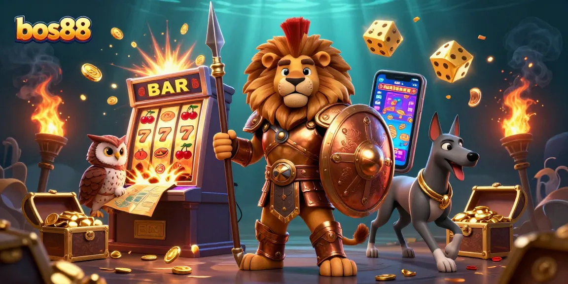 Experience excitement with bos88's vibrant casino scene featuring a 3D Spartan lion, owl strategist, and greyhound messenger.