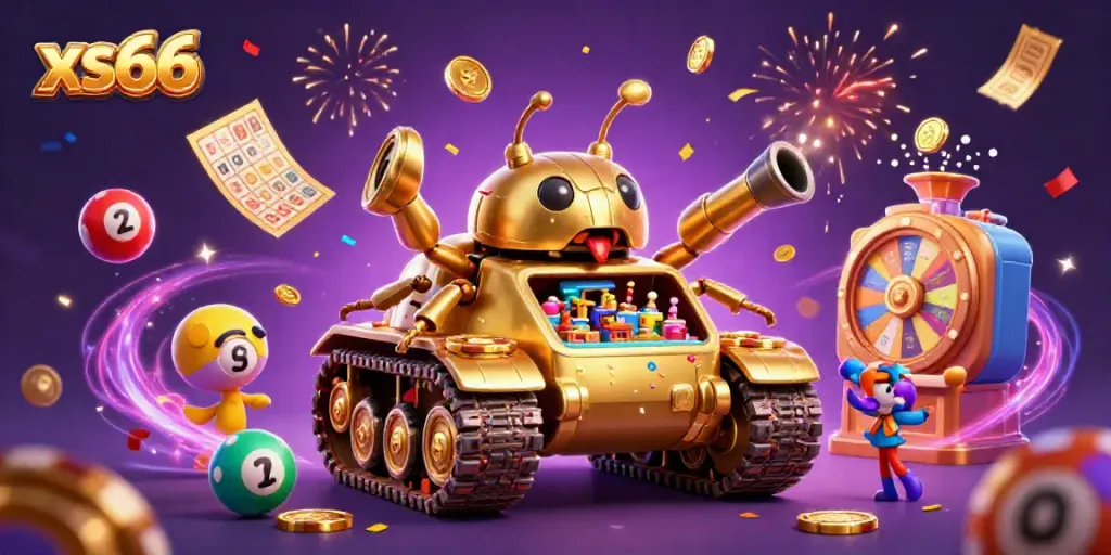 Experience the excitement of xs66 with a dynamic lottery-themed 3D illustration full of vibrant game elements.
