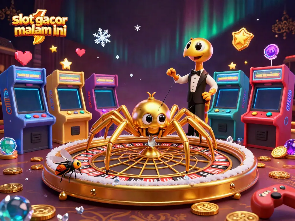 Menghadirkan slot gacor malam ini, ilustrasi 3D penuh warna dengan laba-laba emas, pengatur judi, dan elemen permainan