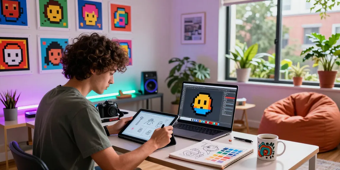 Artist working on a pixel art display in a colorful home studio.