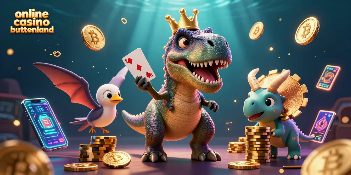Engage in thrilling action at online casino buitenland with cartoon dinosaurs shuffling cards and stacking chips in a vibrant scene.