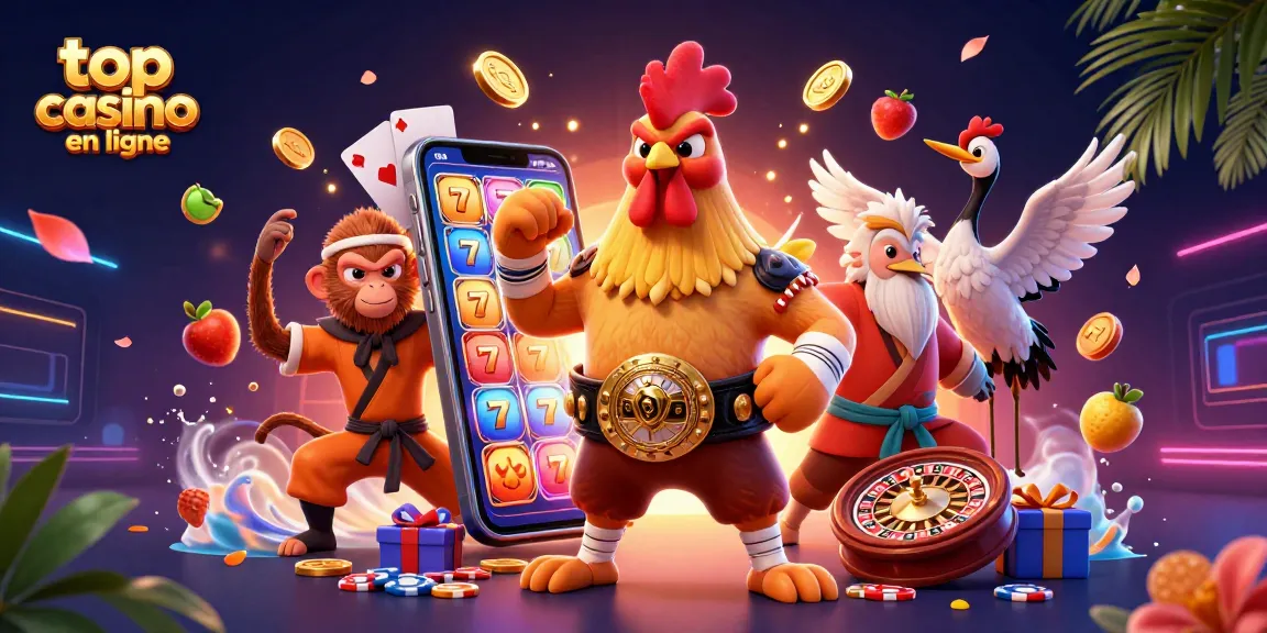 Vibrez avec "top casino en ligne" grâce à une illustration dynamique de casino 3D, remplie de jeux et de personnages.