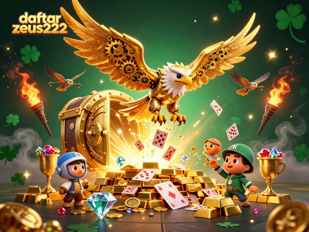 Engage with daftar zeus222 through an exciting scene of a golden eagle navigating playing cards amid treasure and gems.