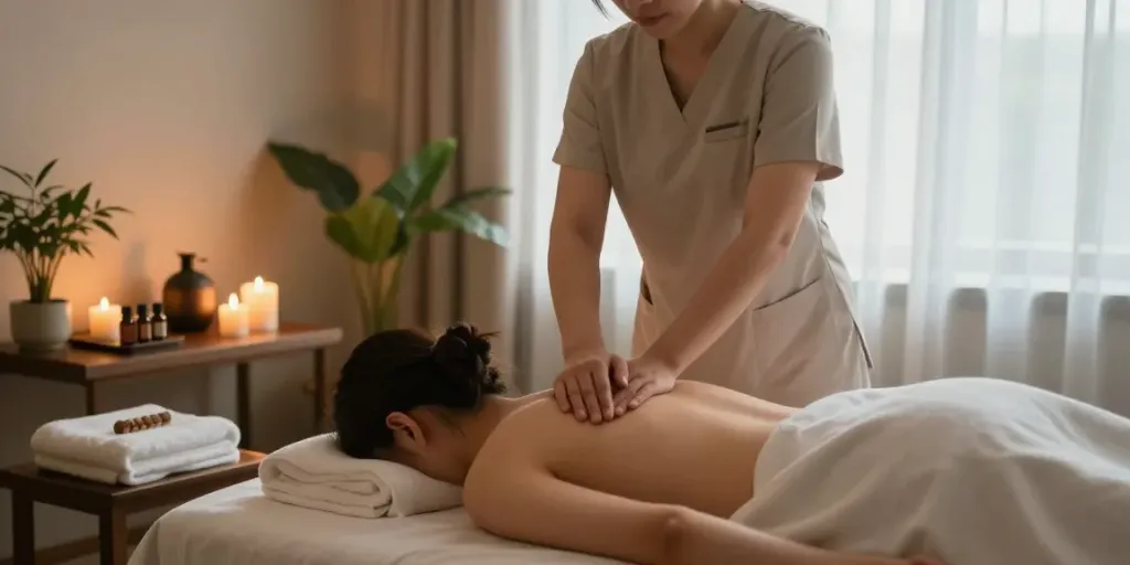 양주출장안마 session in a serene massage therapy room with a therapist at work.