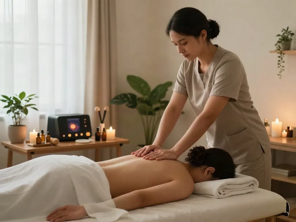 Relaxing 출장마사지 session in a tranquil home setting with a professional therapist and calming ambiance.