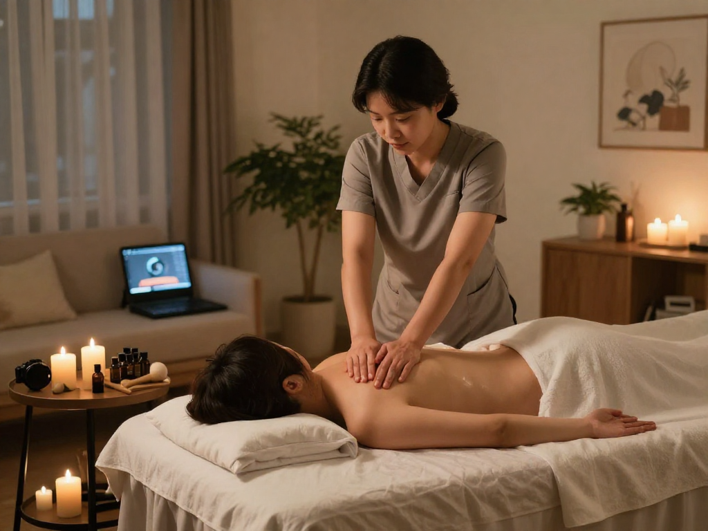 Relaxing 성남출장 massage therapy scene in a modern home setting, showcasing a therapist and client in calming atmosphere.