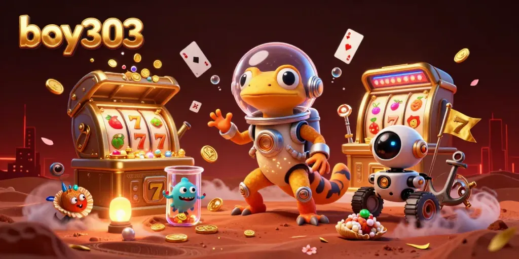 Boy303 slot gaming adventure featuring a Martian gecko and treasures in a vivid casino scene.