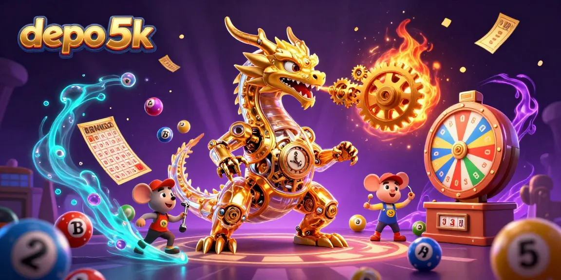 Experience excitement at depo 5k with dynamic lottery elements and golden prizes in a vibrant casino scene.