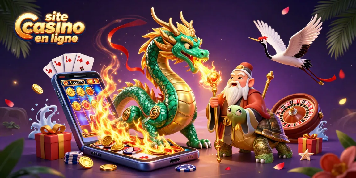 Jouer sur un site casino en ligne avec un dragon émeraude et des jeux de casino colorés.