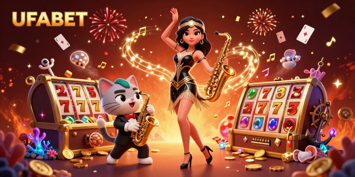 Spin the reels at UFABET with thrilling slots and musical characters in a vibrant casino scene.