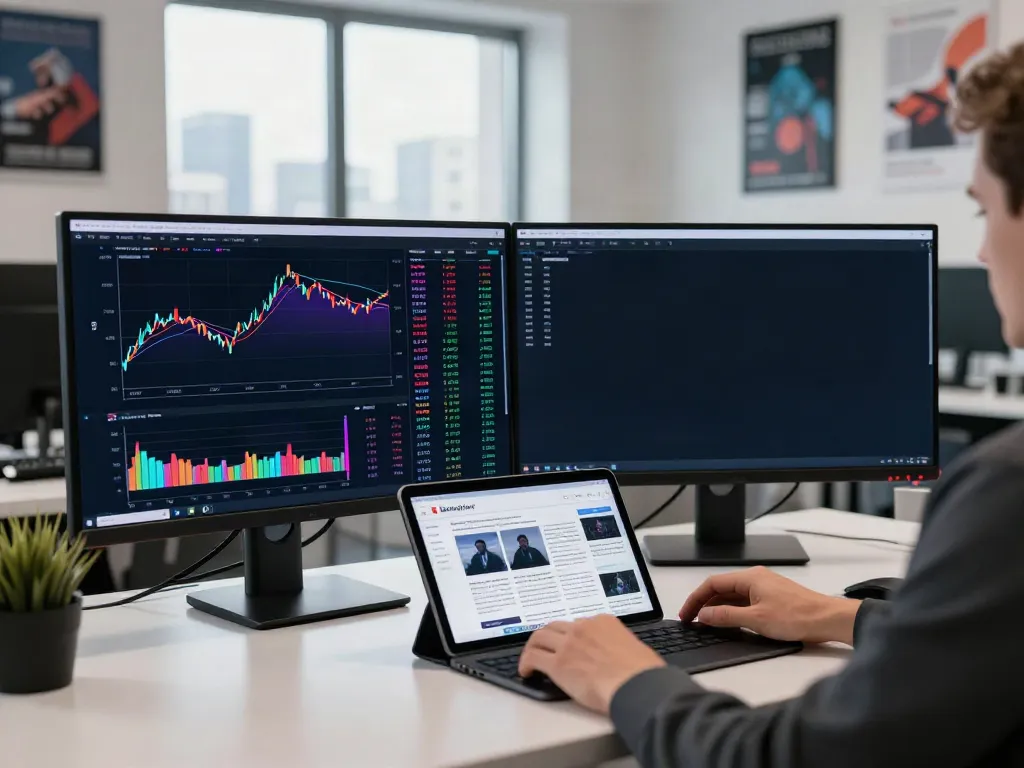 Engaged trader using tradingview官网 for market analysis with dual monitors and financial news.