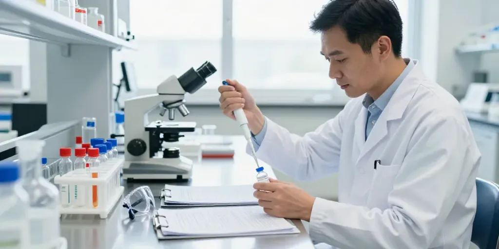Examining swiss chems peptides in a bright lab setting with vials and microscope.