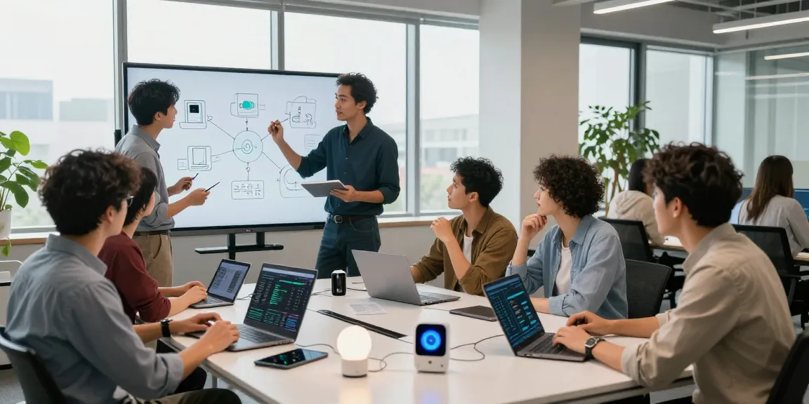Innovative team collaboration showcasing What are IoT services in a modern tech workspace.