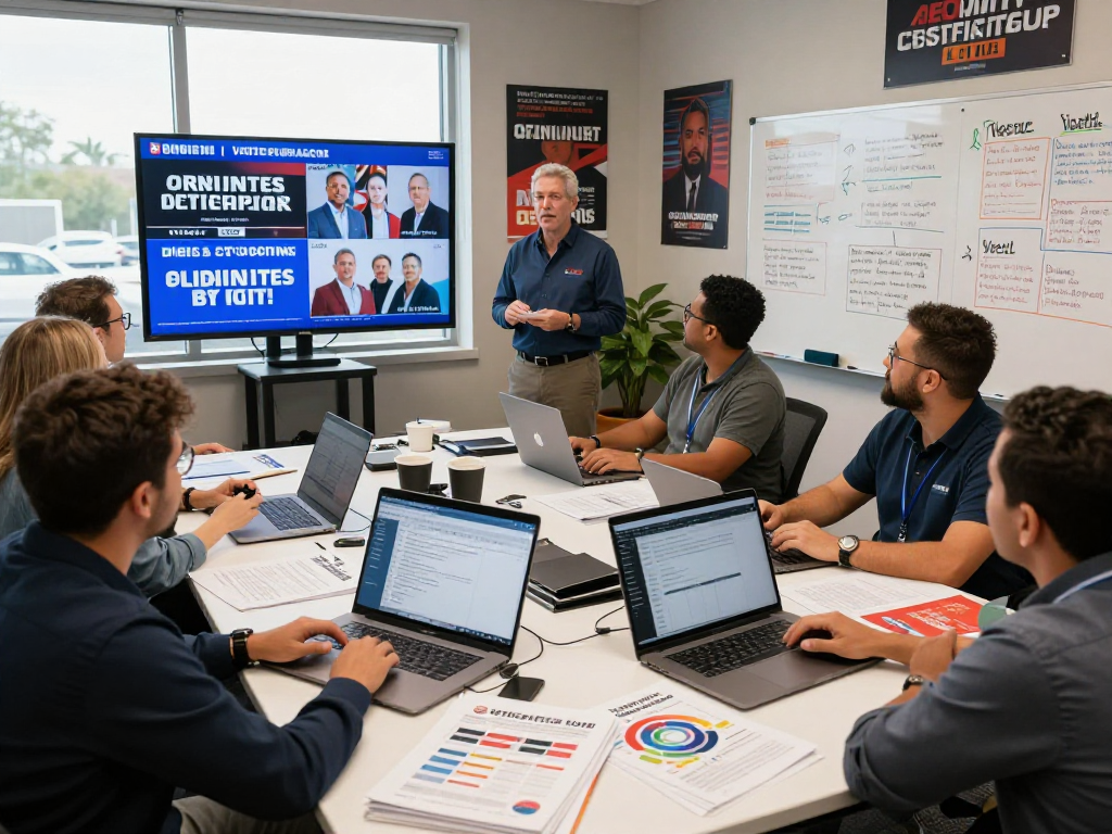 Political CTV advertising in action as a diverse team analyzes voter data and strategies in a campaign office.