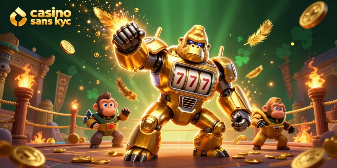Une scène de jeu captivante présentant un casino sans kyc avec un gorille robot et des éléments de jeu dynamiques