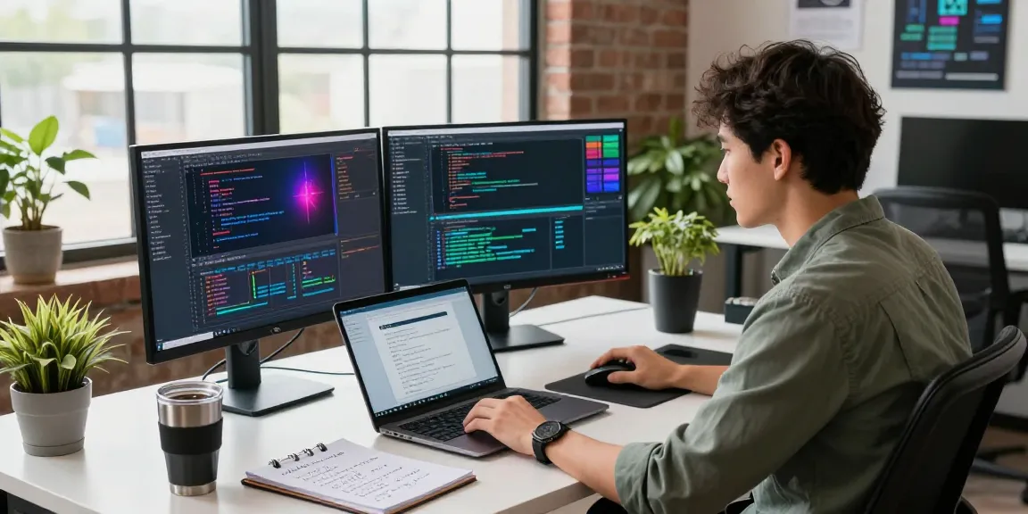 快连 - Professional developer optimizing network solutions in a modern workspace with dual monitors.