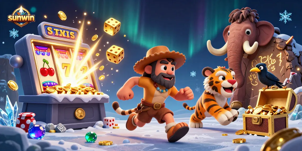 Win big at the sunwin casino with cartoon cavemen and tigers in an exciting prehistoric scene.