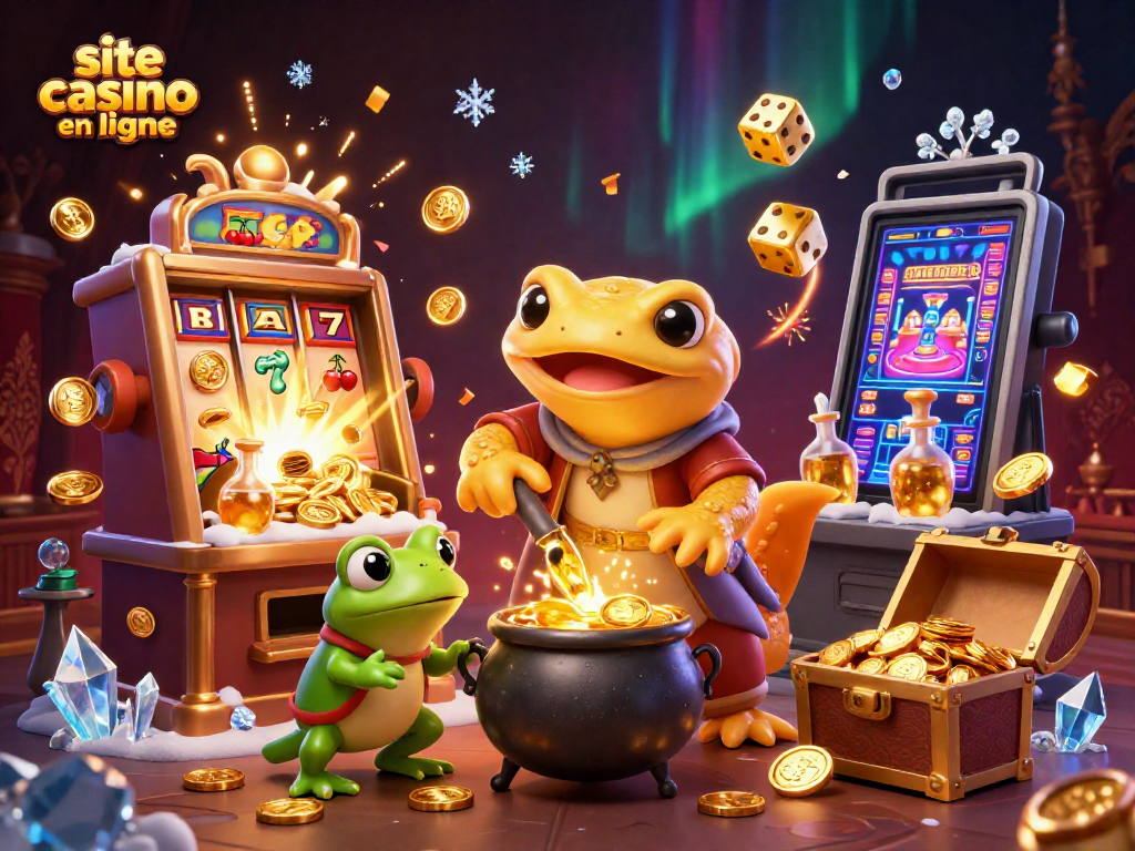 site casino en ligne illustrant un alchimiste doré et ses créatures autour de machines à sous vibrantes.