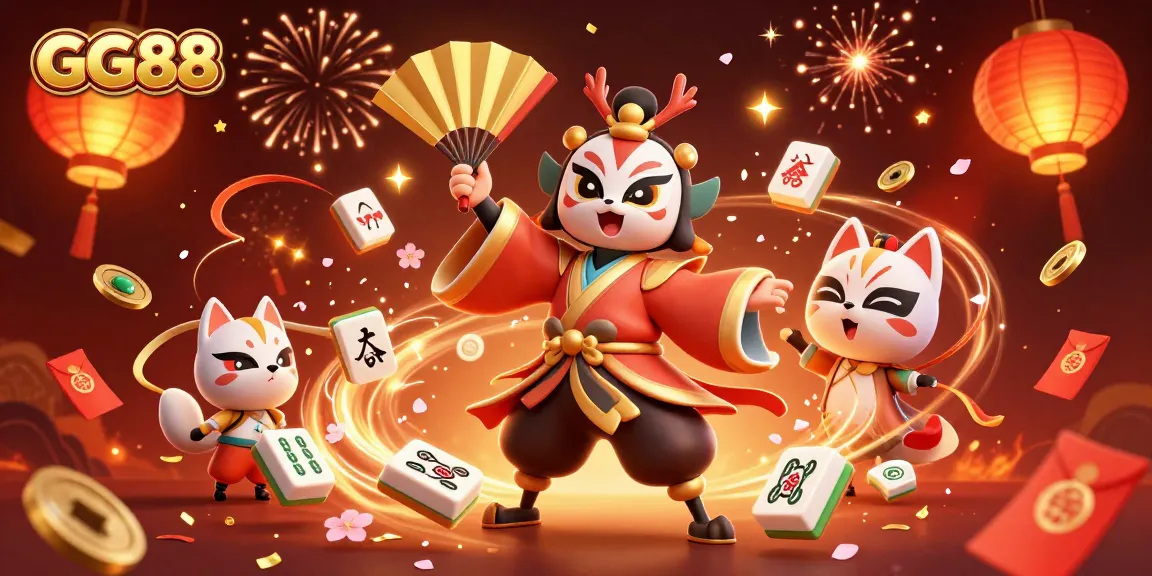 Experience exciting gameplay with GG88, as a kabuki warrior and kitsune mask characters come alive amid festive 3D casino elements.
