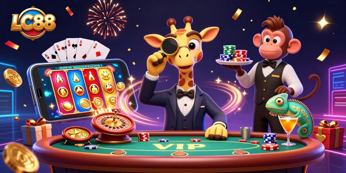 Experience the thrilling world of LC88 with vibrant casino characters, poker elements, and celebratory effects.