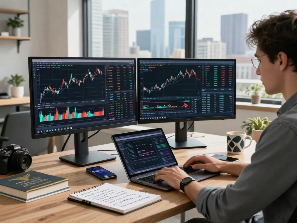 Dynamic TradingView analysis scene in modern home office with trading charts, alerts, and inspirational materials.