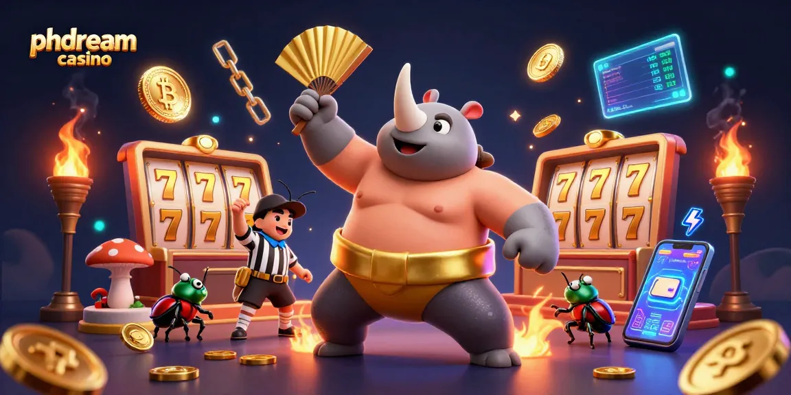 Engage with phdream casino featuring a lively 3D scene of a sumo champion beetle, golden coins, and engaging game elements.