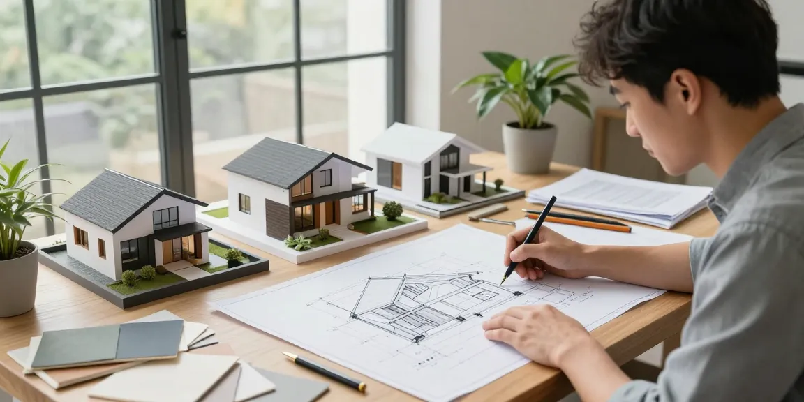 Architect working on house plans at a drafting table for สถาปนิก ออกแบบบ้าน.