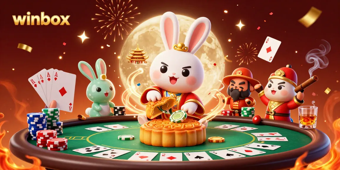 Enjoy playing winbox games with the moon rabbit and jade rabbit amidst a festive poker scene.