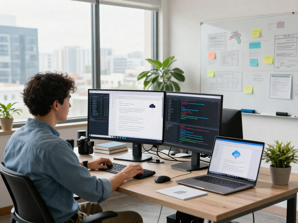 Especialista en web hosting en México trabajando en oficina moderna con pantallas y análisis de servidores.