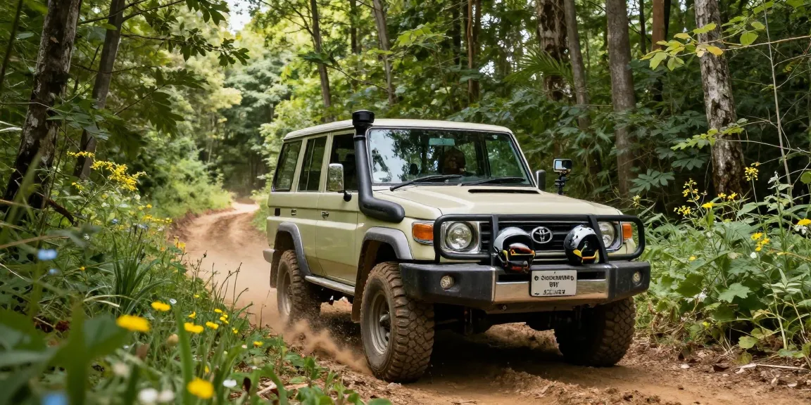 David Vepraskas Atlanta off-roading in a Toyota Land Cruiser along a forest trail, showcasing adventure and excitement.