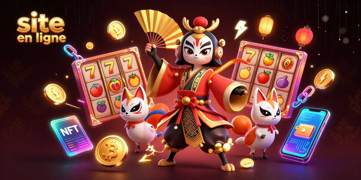 Visuels captivants d'un site casino en ligne, comprenant un guerrier kabuki et des éléments de jeu.