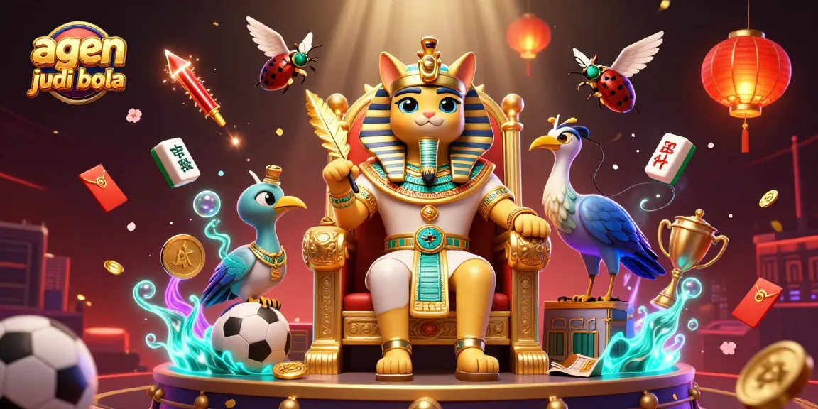 Engage in thrilling action with agen judi bola showcasing a pharaoh cat on a throne surrounded by sports-themed elements.