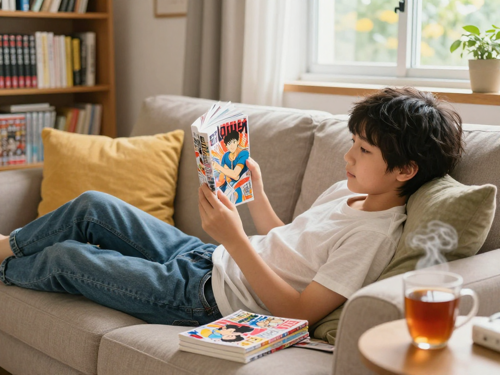 Enjoying an engaging manga experience with the latest Open Link titles in a cozy setting.